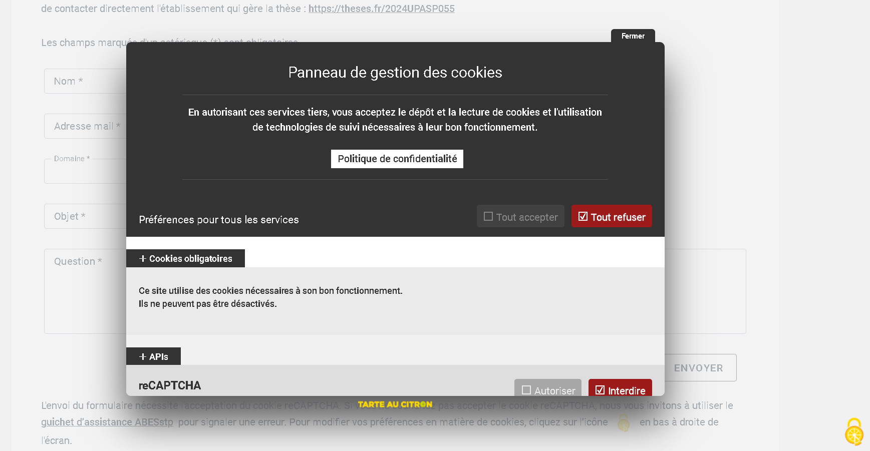 Présentation du panneau de gestion des cookies de tarteaucitron.io